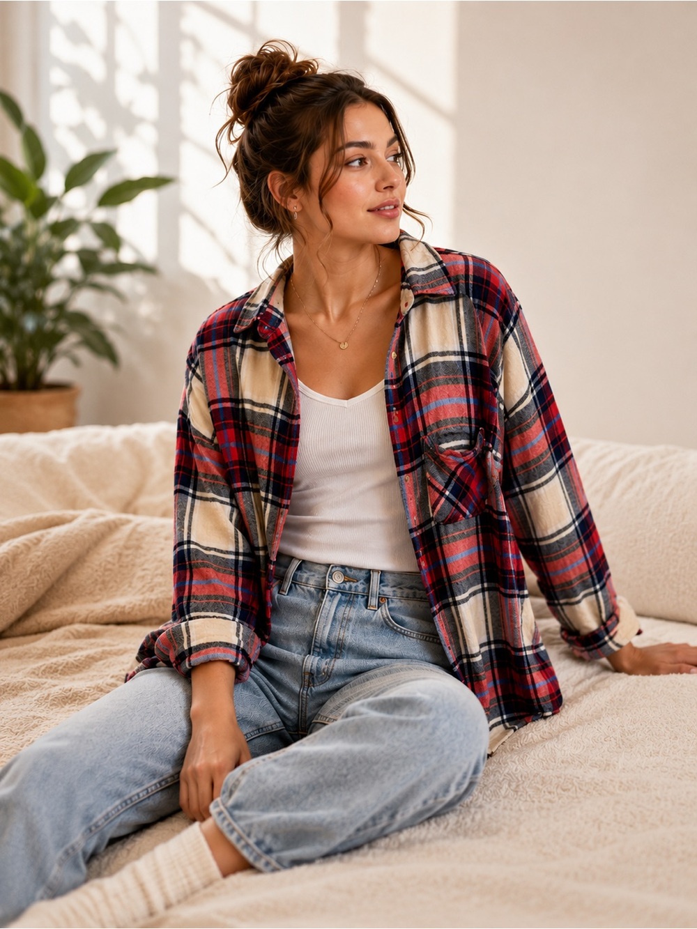 American‎ Eagle Outfitters Plaid Boyfriend Fit Shirt Jacket - Red, Navy & Cream
